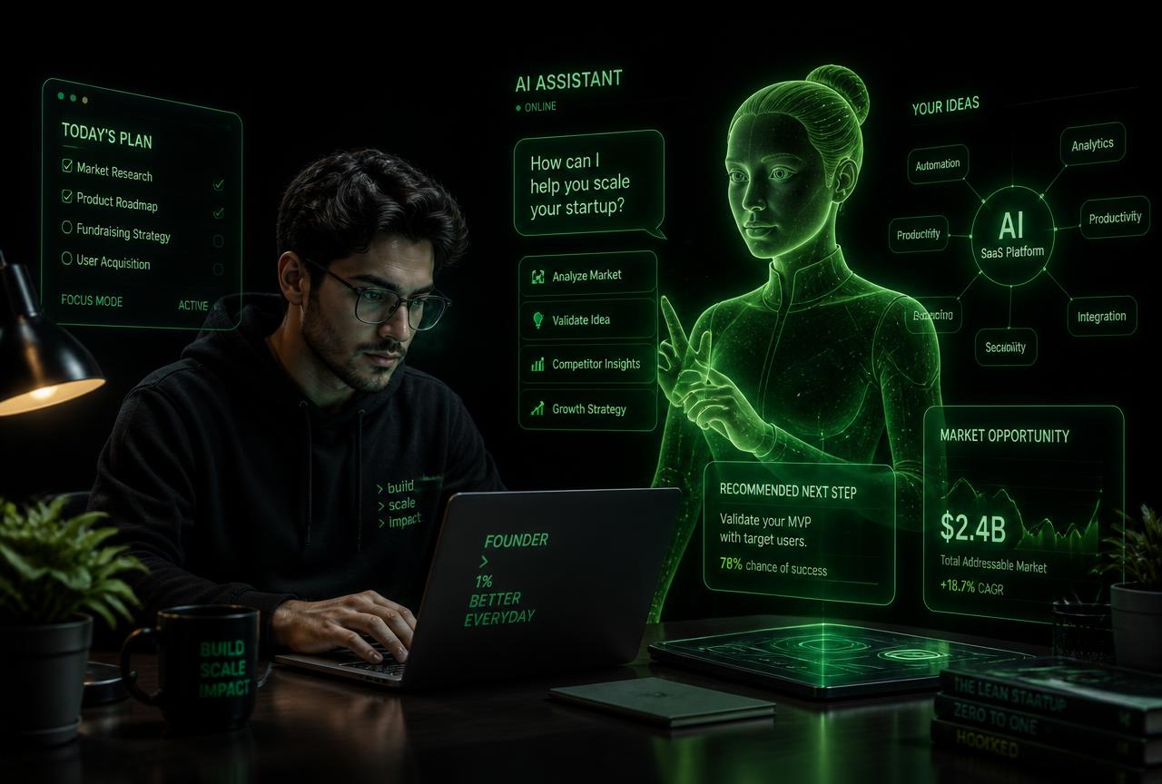 Empreendedor trabalhando ao lado de uma interface de inteligência artificial futurista