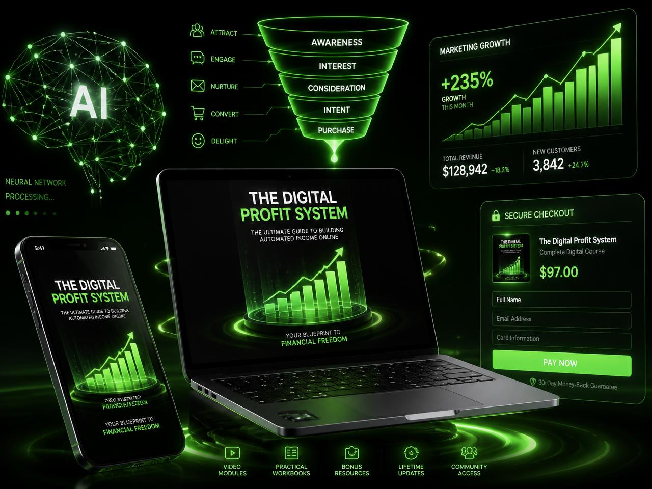 Notebook, celular, funil de vendas, inteligência artificial e gráficos de marketing de um produto digital
